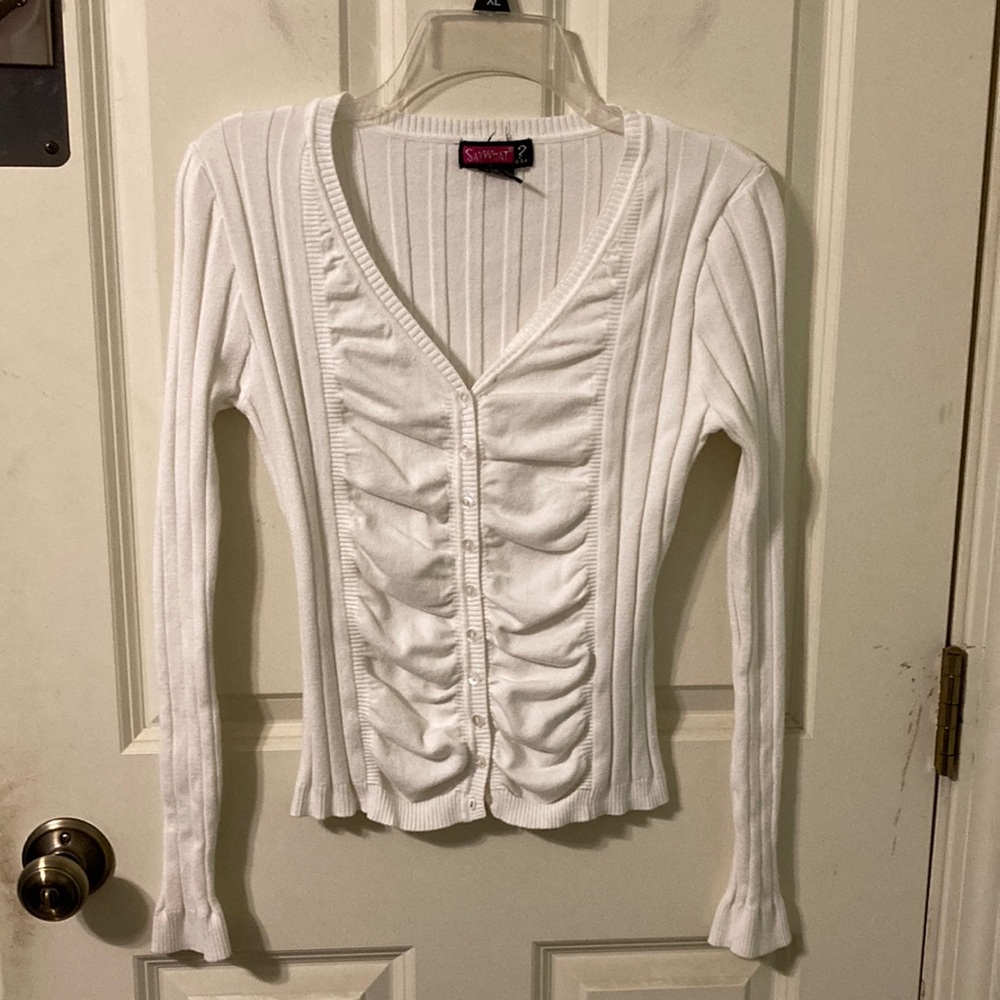 Say What? White Ruched Ribbed Cardigan Sweater with Stretch Juniors XL